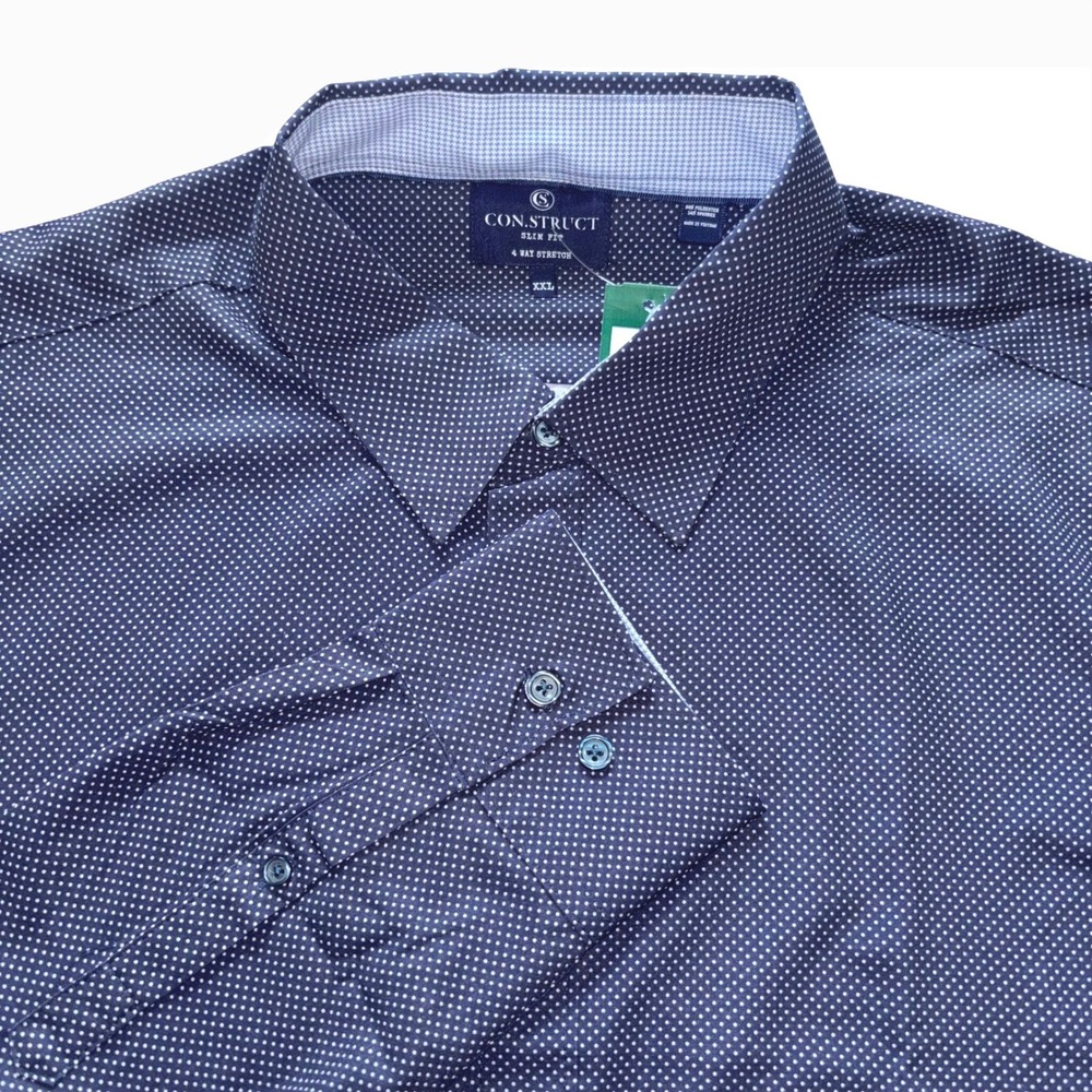 NWT Con.Struct Mens XXL Navy Polka Dot Slim Fit 4-Way Stretch Shirt Big&Tall